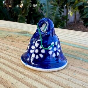 Polish Pottery Mini Bell Ornament Blue & White Floral Ceramic Handcrafted Decor